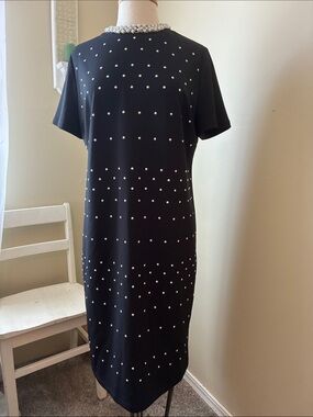 Ming Wang Black Midi Shift Dress with Faux Pearl Accents